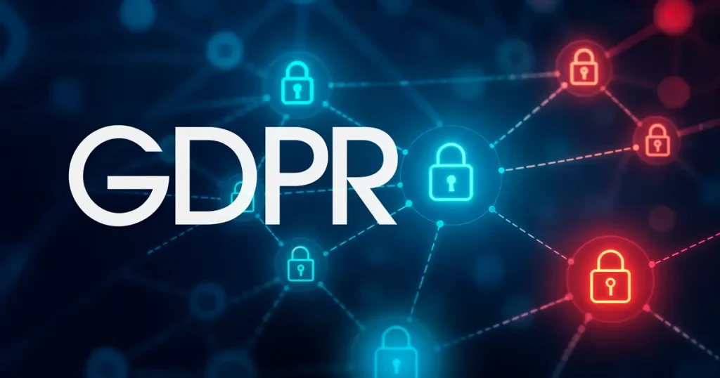 GDPR data protection graphic with connected padlock icons representing secure data handling, compliance, and privacy updates under the Data Use and Access Act 2025.