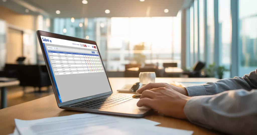 Sabre MS recruitment software interface displayed on a laptop in a modern, bright professional office.
