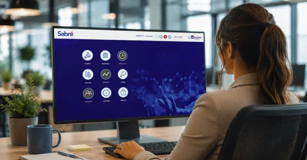 Recruitment software dashboard displayed on a computer screen in a modern office