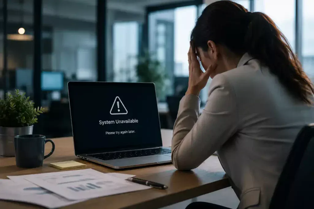 Business professional reviewing a laptop showing a system unavailable message in an office