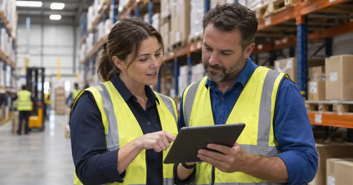 Two warehouse colleagues in high-visibility vests reviewing a tablet together.