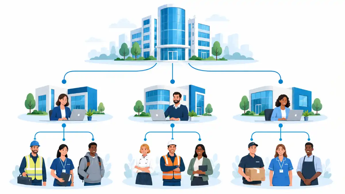 Illustration of an end client connected to three recruitment agencies, each supplying a group of temporary workers.
