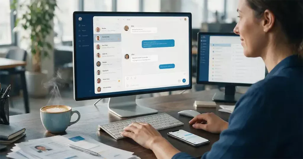 Recruiter using a desktop messaging dashboard to manage worker conversations.
