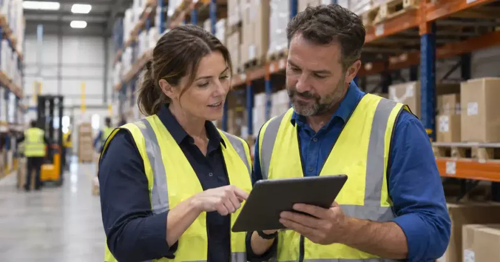 Two warehouse colleagues in high-visibility vests reviewing a tablet together.