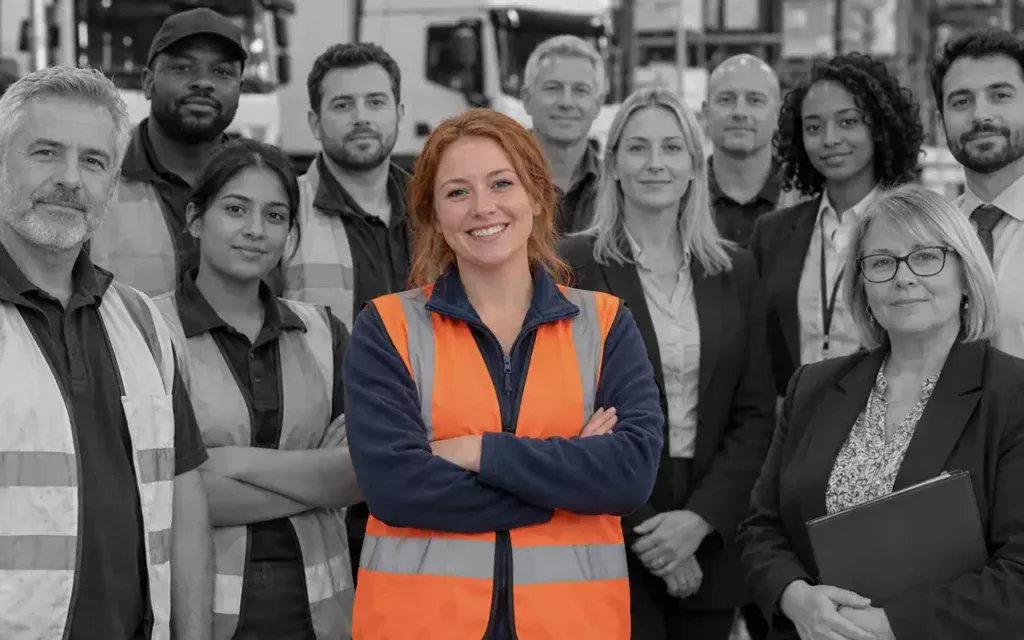 Woman in an orange high-visibility vest standing with a group of workers and office professionals.